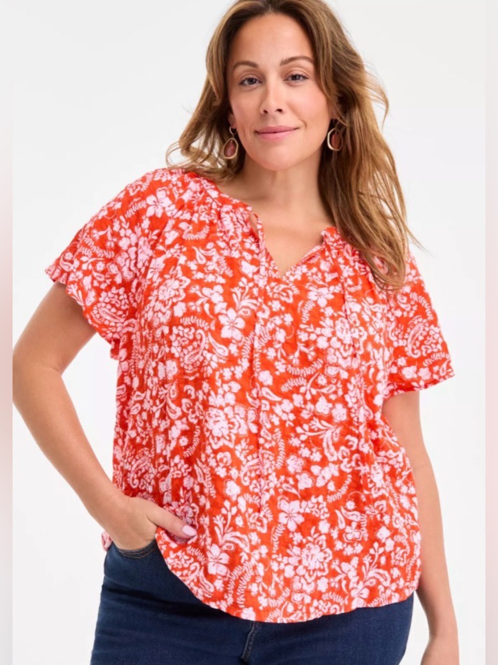 Printed Flutter-Sleeve Top Peasant Style 0X Orange